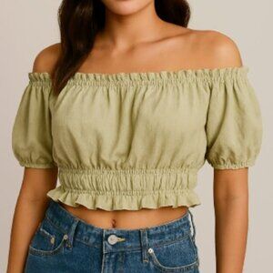 Love Tree | 100% Tencel Light Sage Green Off Shoulder Crop Top | Size Medium